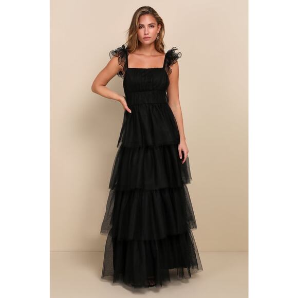 NWT Lulus Tulle For Love Black Mesh Tulle Tiered Ruffled Maxi Dress Wedding Sz L - Picture 1 of 7